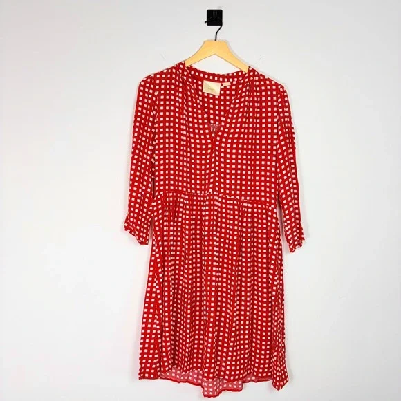 Maeve Anthropologie Red White Gingham Check V-Neck Mini Dress XS Picnic Spring - Picture 2 of 7